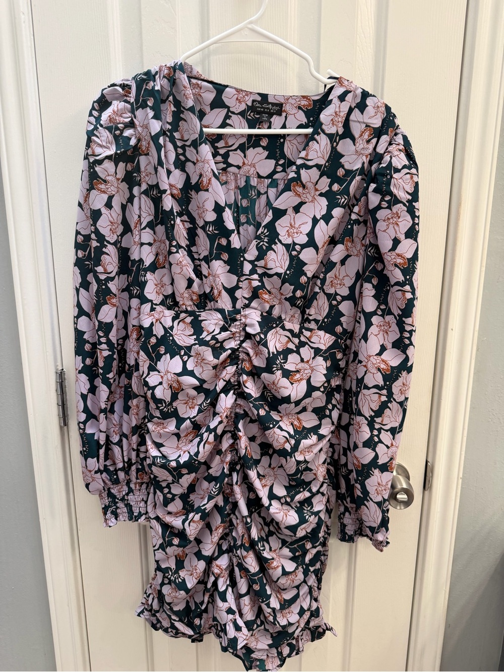 Miss Selfridge Pink Floral Ruched Long-Sleeve Dress on Dark Green